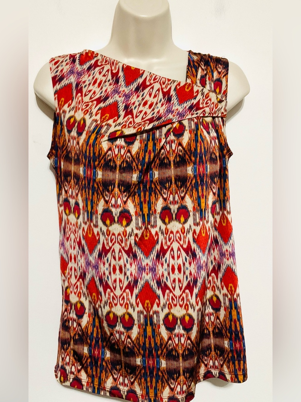 Ronen Chen Sleeveless Ikat Print Top in Red, Orange & Blue
